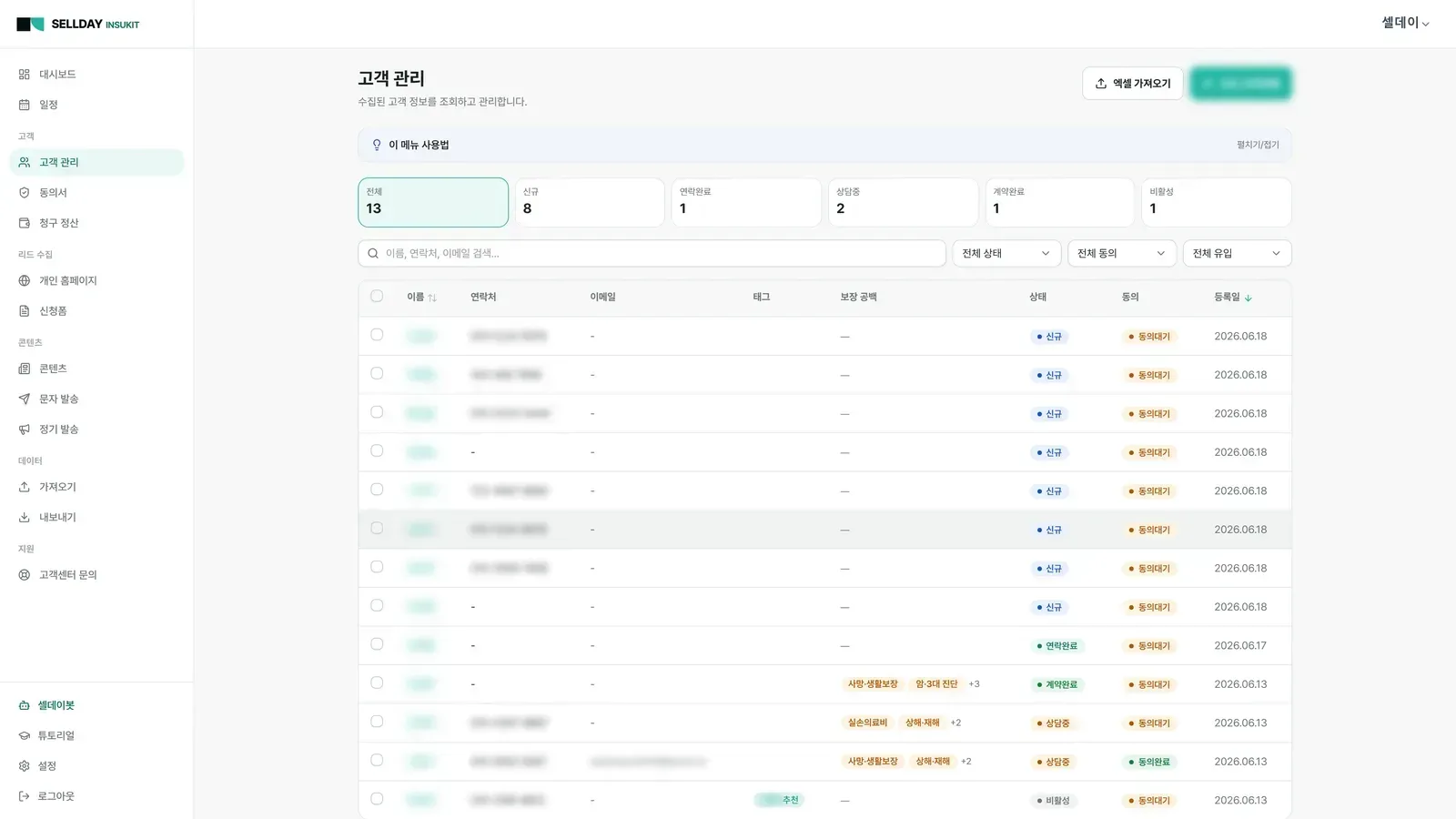 흩어진 고객이 한곳에서 단계별로 — SELLDAY INSUKIT 실제 화면